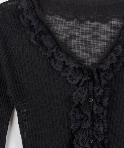 レースフリルシアーニットカーディガン ／ lace frill sheer knit cardigan
