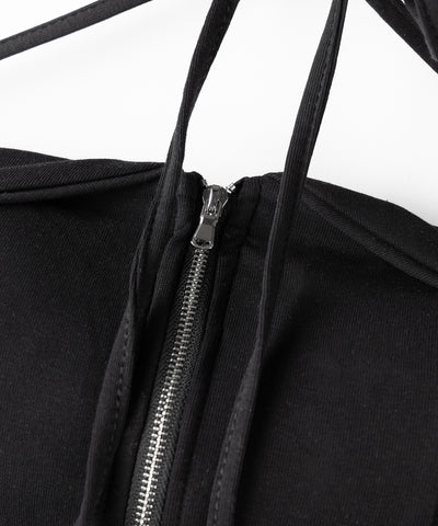 【 ２WAY／ カップ付 】ジップアップクロスストラップリボンベアトップス ／ zip up cross strap ribbon bare tops