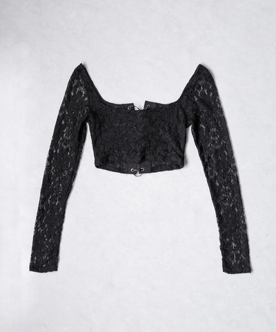 【 ２color 】レースアップコルセットリボンショートレーストップス ／ laceup corset ribbon short lace tops