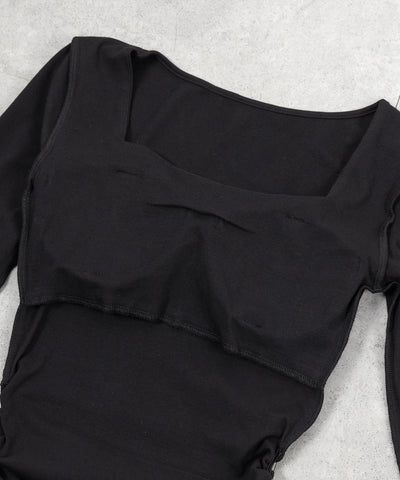 スクエアネックシャーリングマーメイド長袖ロングタイトワンピ ／ Square neck shirring mermaid long-sleeved long tight onepiece