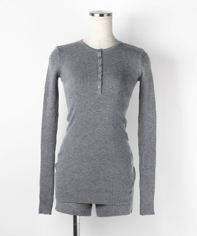 【 セットアップ 】ヘンリーネックスリムリブニットトップス＆ニットショートパンツ SET ／ henley neck slim rib knit tops ＆ knit short pants SET