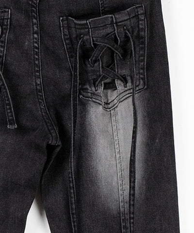 【４size 】バックリボンレースアップ美脚ストレッチフレアデニム ／ back ribbon lace up slim leg stretch flare denim