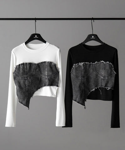 【 ２color 】ダメージデニムビスチェドッキングＴシャツ ／ damage denim bustier docking Tee