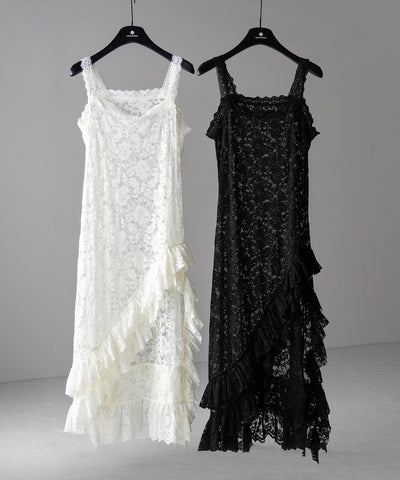 【 ２color 】アシンメトリーフリルレイヤードレースキャミワンピース ／ asymmetry frill layered lace cami onepiece