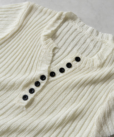 【 ３color 】キーネックショートサマーリブニットトップス ／ Key neck short summer rib knit tops