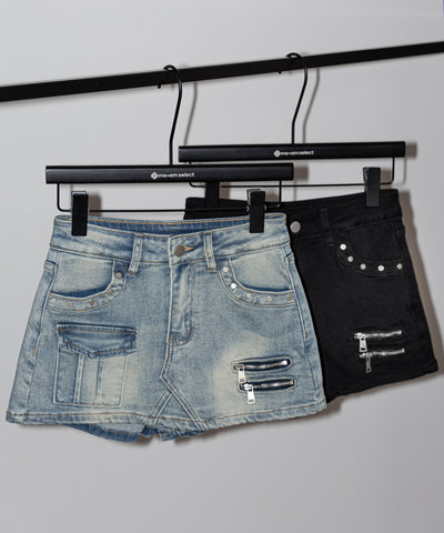 スタッズジップデザインストレッチデニムミニスカパン／ studs zip design stretch denim mini skirt pants