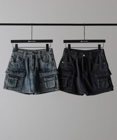 【 ３size ／ ２color 】ダブルポケットヴィンテージカーゴデニムミニスカパン ／ double pocket vintage cargo denim mini skirt pants