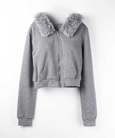 【 セットアップ 】ファーフードショートパーカー＆スウェットフレアパンツ ／ Fur short hoodie ＆ sweat flare pants SETUP