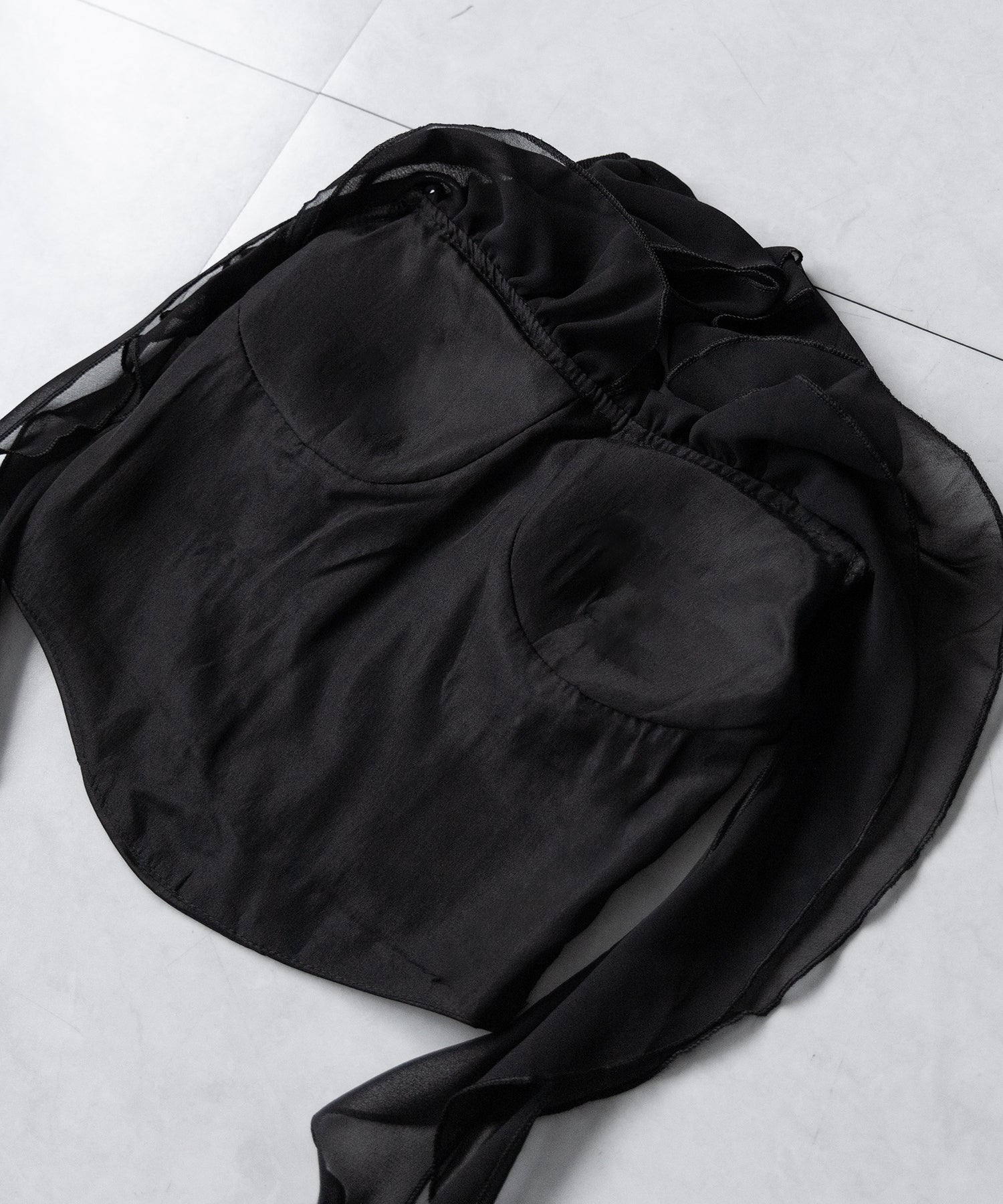 【 ２color ／ ２WAY 】シアーフリルコルセットサテンショートブラウス ／ sheer frill corset satin short blouse