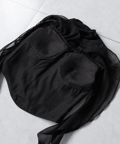 【 ２color ／ ２WAY 】シアーフリルコルセットサテンショートブラウス ／ sheer frill corset satin short blouse