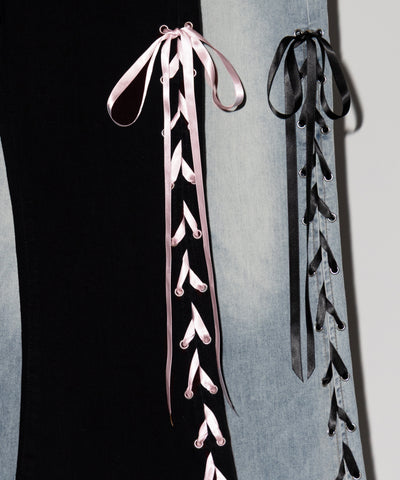 サテンリボンレースアップカットアウトストレッチフレアデニム ／ satin ribbon laceup cutout stretch flare denim