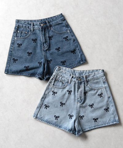 【 ２color 】ミニリボン刺繍ハイウエストデニムショートパンツ ／ mini ribbon  embroidery high waist denim short pants