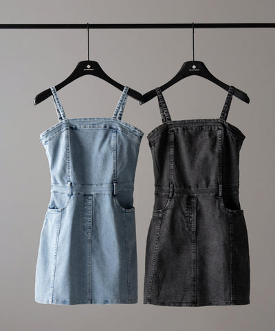 【 ２color 】ウォッシュデニムハイウエストミニキャミワンピース ／ wash denim high waist mini cami onepiece