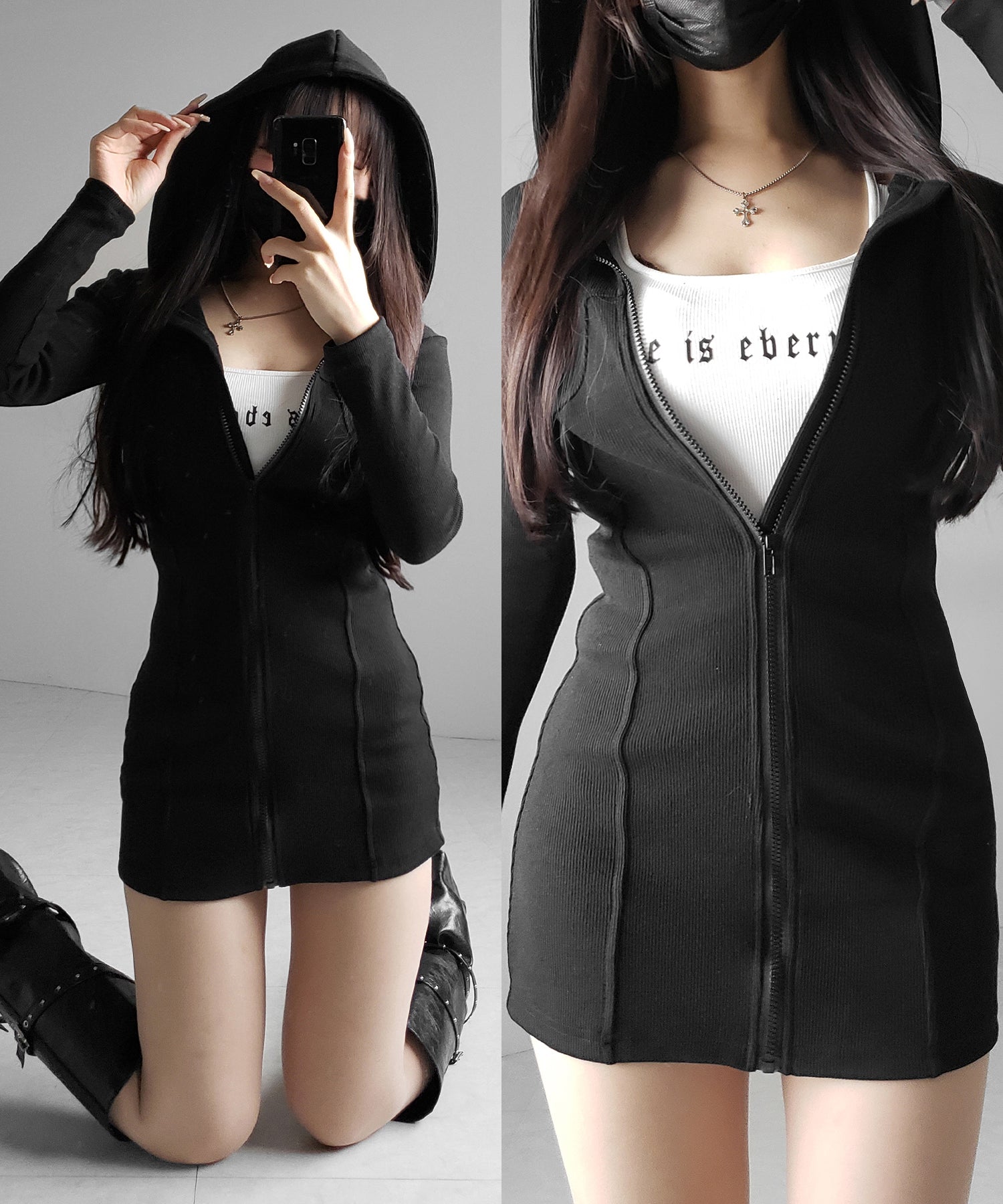 【4way】 LIMIfeu ジップアップ フーデッドワンピース ブラック フーディジップアップスリムラインミニワンピース ／ Hoodie zip up