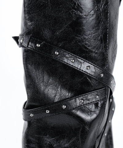 ヴィンテージレザーベルテッドロングカバーブーツ ／vintage leather belted long cover boots