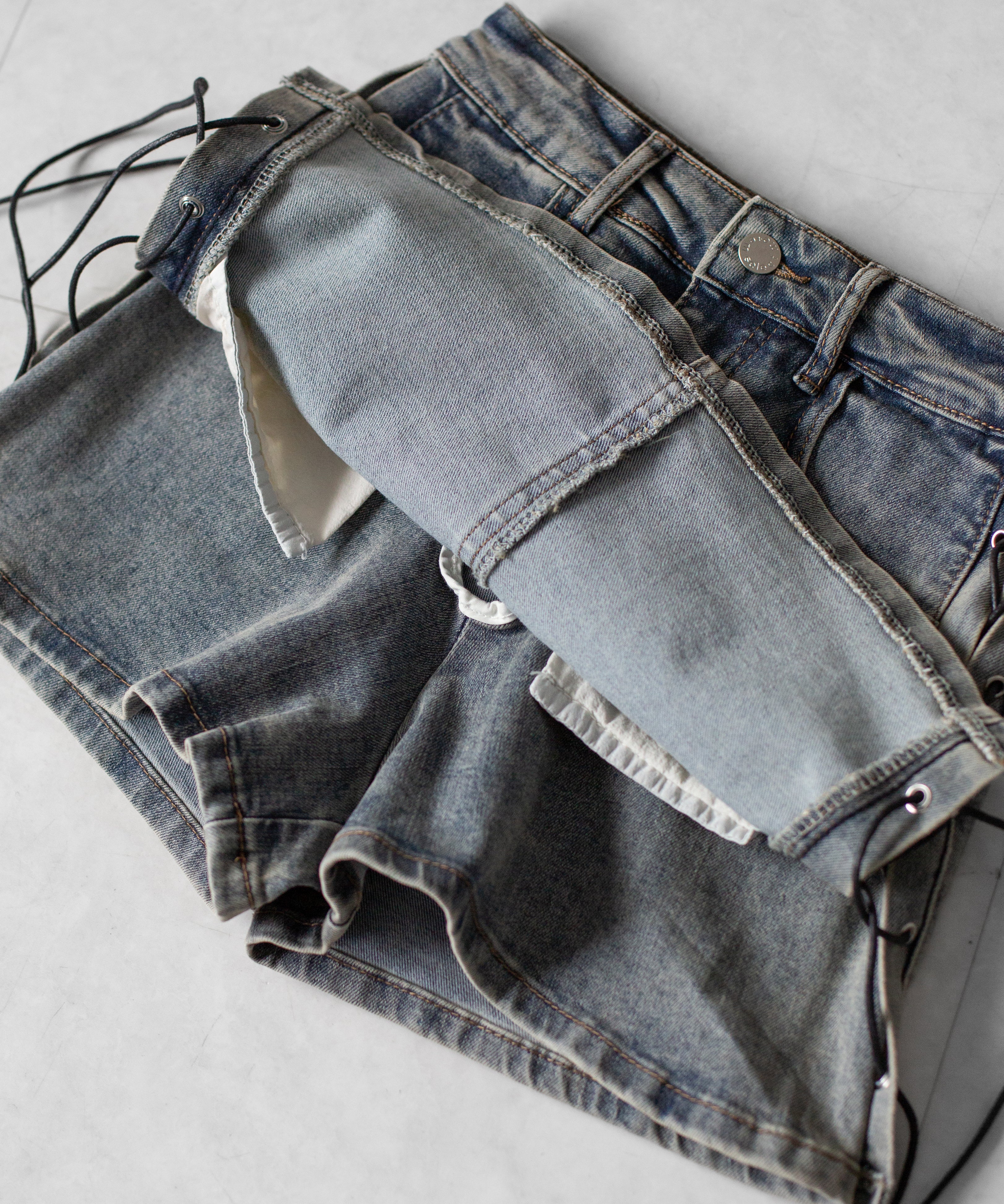 レースアップストレッチデニムミニスカパン ／ lace up stretch denim mini skirt pants
