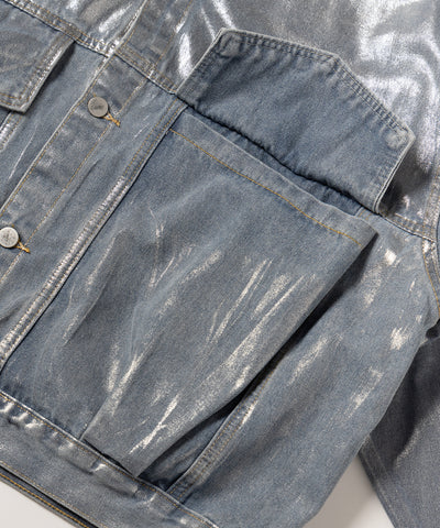 【 ２color 】メタリックハクプリントビッグシルエットボーイフレンドウォッシュデニムジャケット