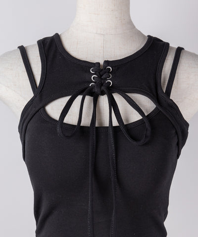 【 ２color 】レースアップリボンカットアウトリブショートタンク ／ laceup ribbon cutout rib short tank