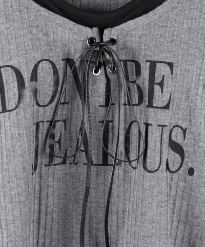 【 クロスネックにできる２WAY 】レースアップフェイクレイヤードロゴカットソートップス ／ laceup fake layered logo cutsew tops