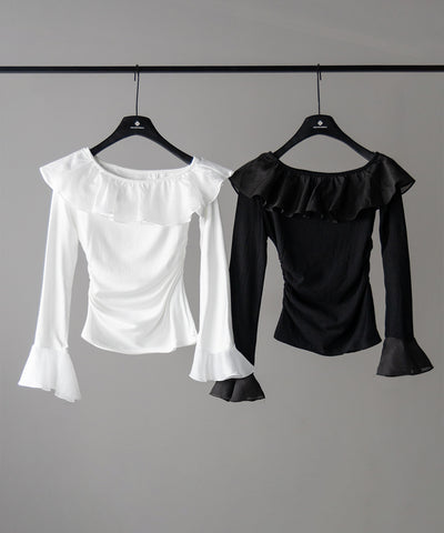 【 ２color 】ワンショルボリュームフリルカットソートップス ／ one shoulder volume frill cutsew tops