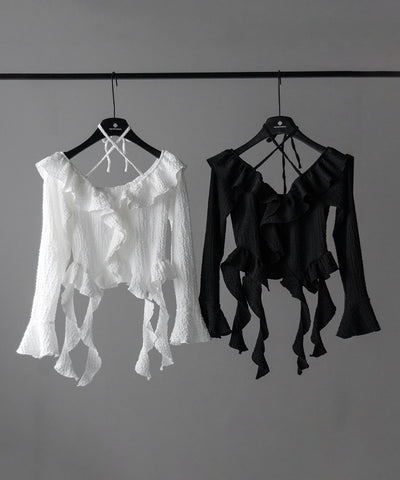 【 ２color 】クロスストラップリボンオフショルダーフリルブラウス ／ cross strap ribbon off shoulder frill blouse