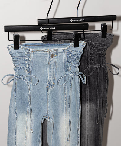 サイドレースアップリボン美脚ストレッチフレアデニム ／ side laceup ribbon slim leg stretch flare denim