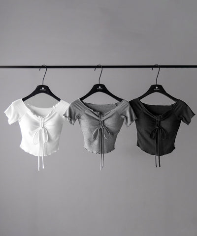 【 ３color 】シャーリングリボンオフショルメローＴシャツ ／ shirring ribbon off-shoulder mellow T-shirt