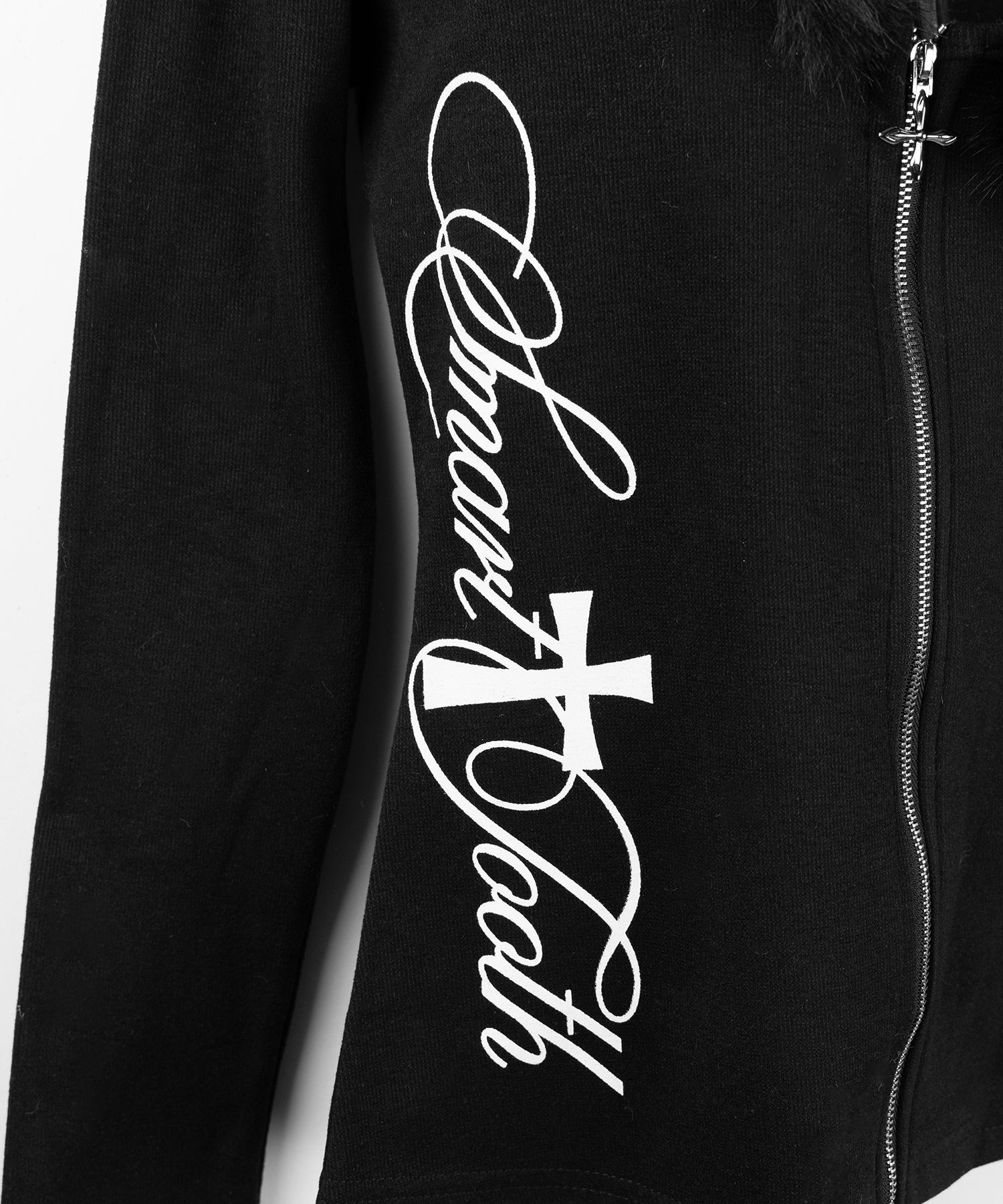 ファー襟クロスロゴジップアップリブカーディガン ／ fur collar cross logo zipup rib cardigan