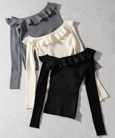 ワンショルフリルタイトリブニットトップス ／ one-shoulder frill tight rib knit tops