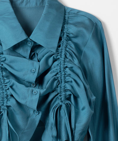 【 ３color 】ダブルリボンシャーリングショートシアーシャツ ／ double shirring ribbon short sheer shirts