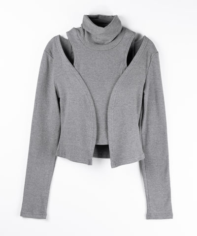 【 裏微起毛 ／ 2点セット 】ハイネックノースリーブトップス ＋ ショートカーディガン SET ／ high neck nosleeve tops + short cardigan SET