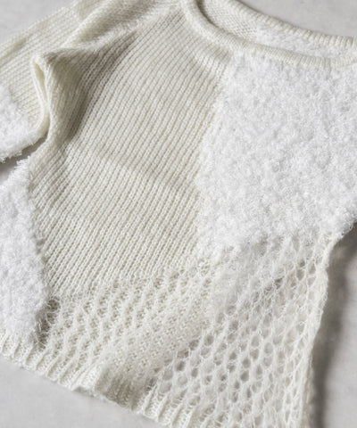 【 ２color 】異素材ドッキングスカシアミニットトップス ／ mixed material docking openwork knit tops