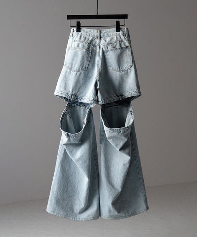 【 選べる３サイズ 】バックオープンカットアウトウォッシュワイドデニム ／ Back open cutout washed wide denim