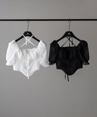 【 ２color ／ ２WAY 】フロントリボンクロスネック半袖シフォンブラウス ／ front ribbon cross neck short sleeve chiffon blouse