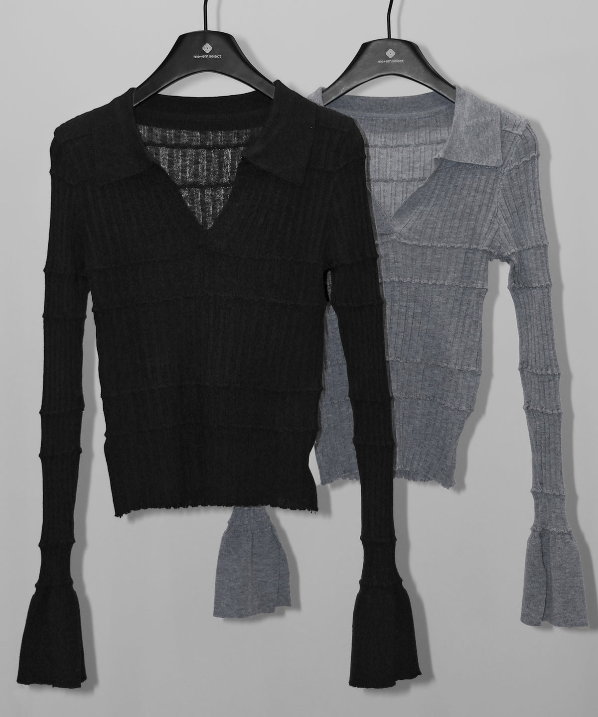 スキッパーネックスリムリブニットトップス ／ skipper neck slim rib knit tops