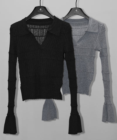 スキッパーネックスリムリブニットトップス ／ skipper neck slim rib knit tops