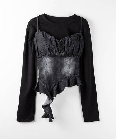 【 ２点セット 】ヴィンテージデニムビスチェ ＆ レイヤードＴシャツセット ／ vintage denim bustier & layered Ｔ-shirts set