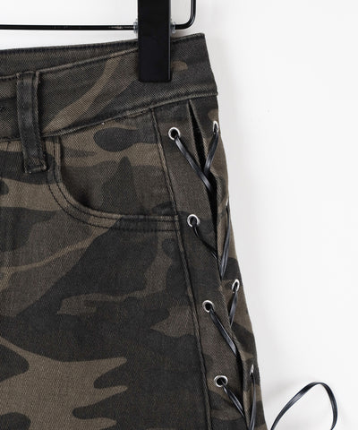 ヴィンテージカモフラレースアップデニムミニスカパン ／ vintage camouflage lace up denim mini skirt pants