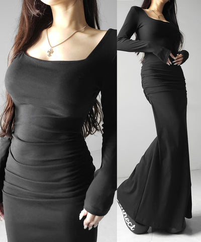 スクエアネックシャーリングマーメイド長袖ロングタイトワンピ ／ Square neck shirring mermaid long-sleeved long tight onepiece