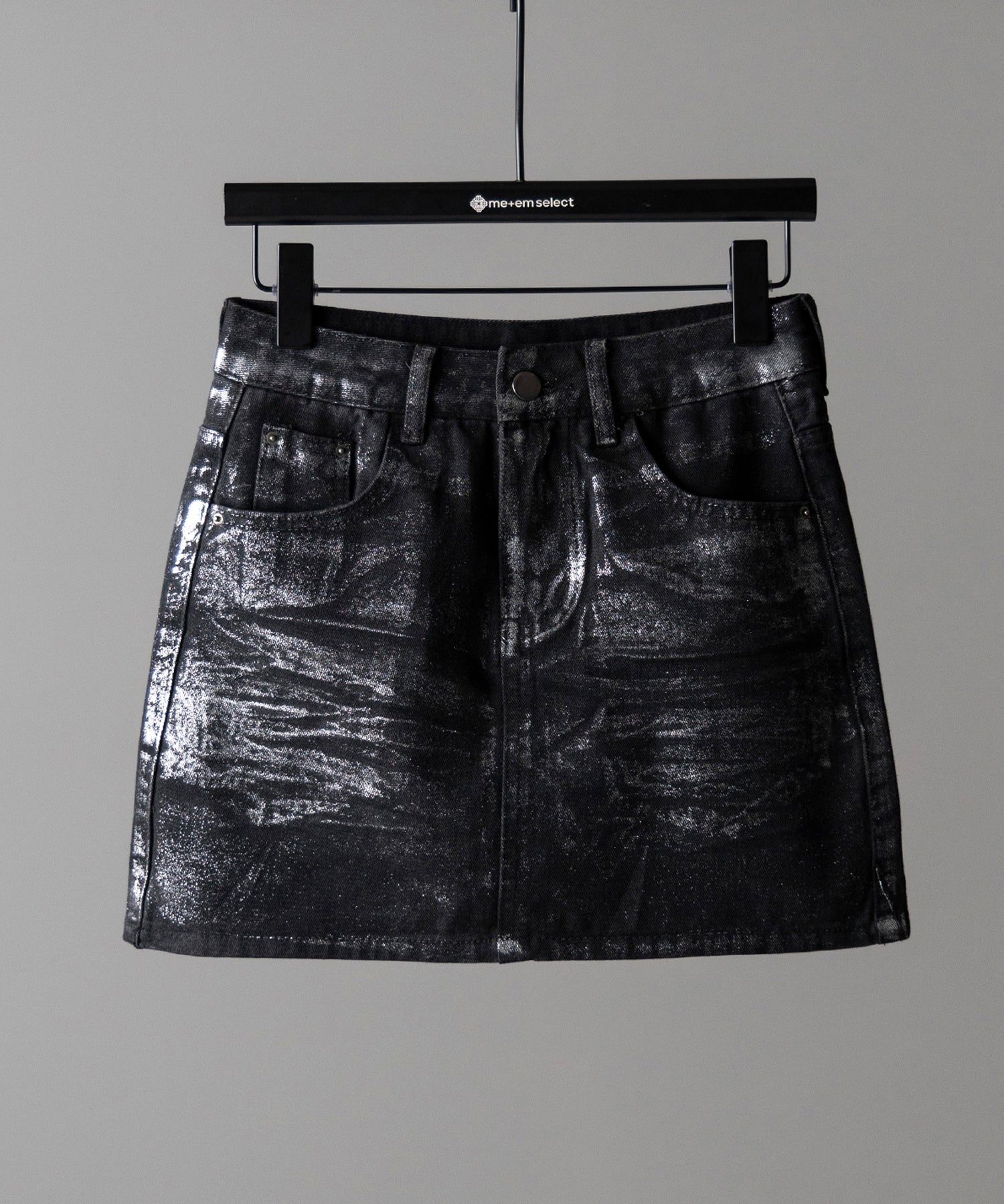 【 インパン裏地付 】箔プリントブラックデニムミニスカート ／ haku print black denim mini skirt