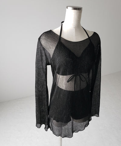 【 レディース水着／３点セット 】シアートップス付き　フロントリボンホルターネックハイウエストビキニ ／ sheer tops set front ribbon halter neck high waist bikini