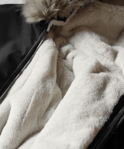 配色ステッチファーフード中綿オーバーブルゾン ／ stitch fur hood fake down over blouson