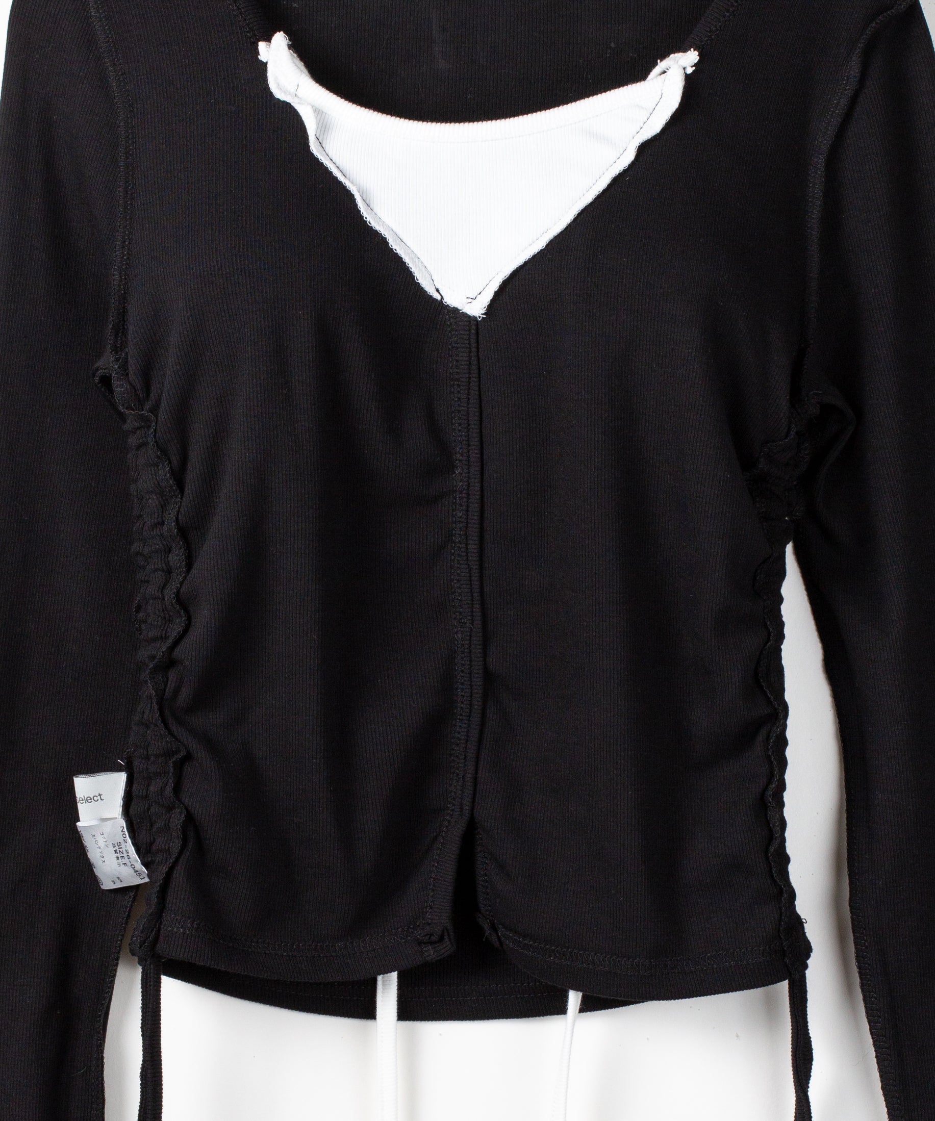 【 ３WAY 】レイヤード風シャーリングリボンリブトップス ／ fake layered shirring ribbon lib tops