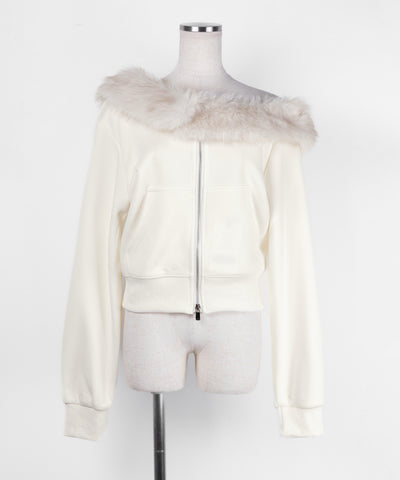 【 セットアップ 】ファーダブルジップワンショルスウェット＆タックワイドスウェットパンツ ／ Fur double-zip one-shoulder sweatshirt ＆ tuck wide sweatpants SETUP