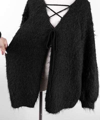 レースアップリボンオーバーシャギーニットカーディガン ／ lace up ribbon over shaggy knit cardigan