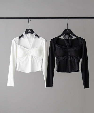 【 ２color ／ ２WAY 】クロスネックレースリボンスクエアカットソートップス ／ cross neck lace ribbon square cutsaw tops