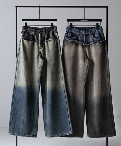【 ４size ／ ２color 】ダメージドッキンググラデーションヴィンテージルーズデニム