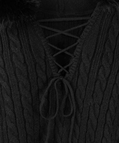 ファーフーディレースアップレディニットミニワンピース ／ fur hoodie lace up lady knit mini onepiece
