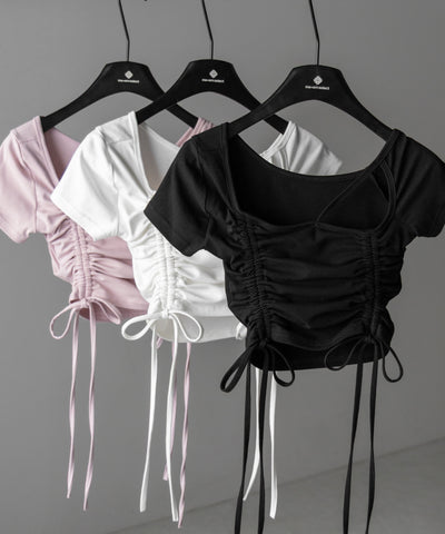 ダブルシャーリングリボンストラップＴシャツ ／ double shirring ribbon strap T-shirts