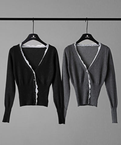 レースドッキングウエストリブ長袖ニットカーディガン ／ lace docking waist lib longsleeve knit cardigan